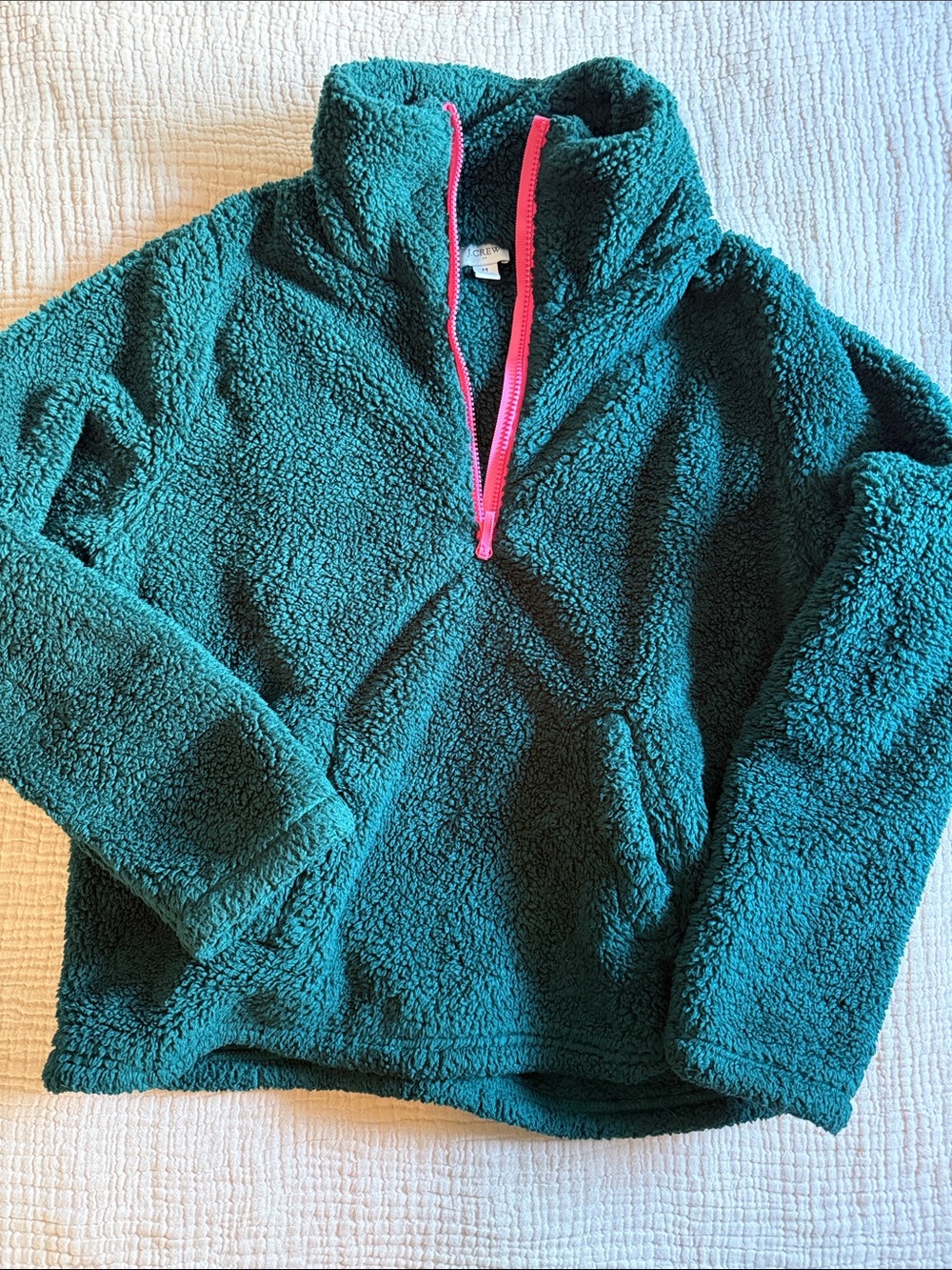 J. Crew Teal Sherpa Quarter-Zip with Pink Zip Pull